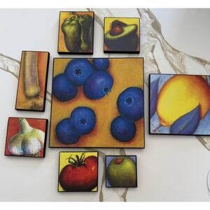 Still Art Vibrant Modern Fruit Wooden Wall Plaques Pictures 8 Pieces Signed